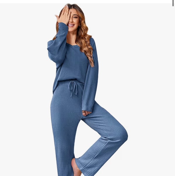 Ekouaer Women's Waffle Knit Pajama Sets Comfy Long Sleeve Lounge Sets 2 Piece Matching Pj Sets with Pockets