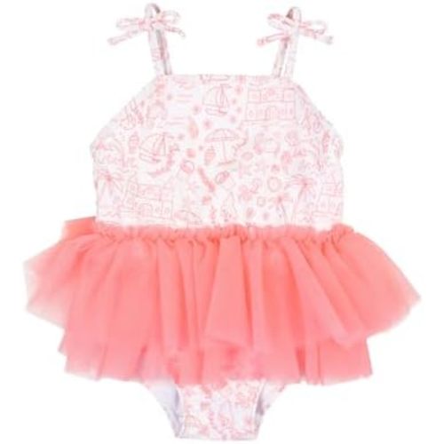 RuffleButts Girls UPF50+ Sun Protection Peplum Smocked Bodice/Tulle Skirted One Piece Swimsuit