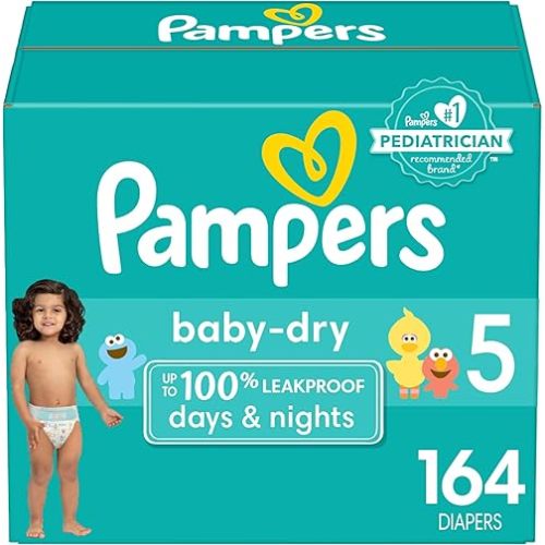 Pampers Baby Dry Diapers - Size 5, One Month Supply (164 Count), Absorbent Disposable Diapers