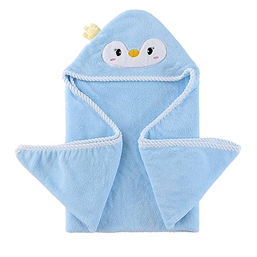 Jay & Ava Plush Coral Fleece 31.5"x 31.5" Hooded Baby Towels - Ultra Soft, Super Absorbent - 3D Animal Design Baby Towels with Hood for Baby Toddler, Boys and Girls - (Blue Penguin)