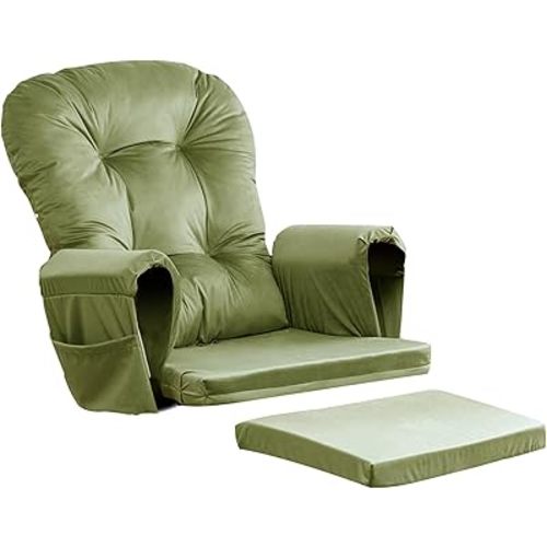5PCS Glider Rocker Replacement Cushions Thick Soft Velvet Glider Cushions Replacement Set with Ottoman Cushion and Storage Pockets, Matcha Green