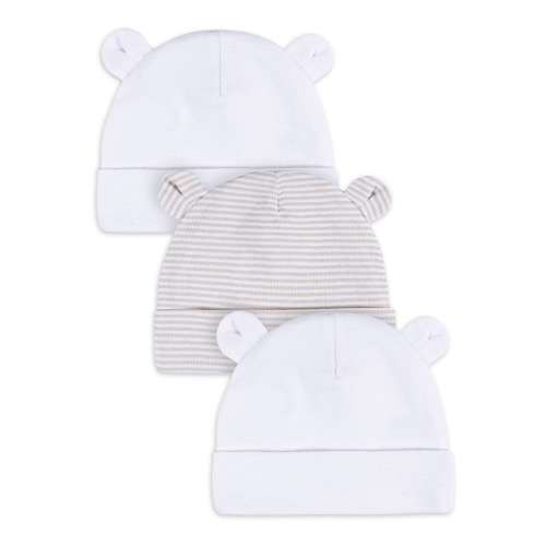 Gerber Baby Boy or Girl Unisex White Beanie Cotton Caps, 3-Pack, Sizes Newborn - 0/6 Months