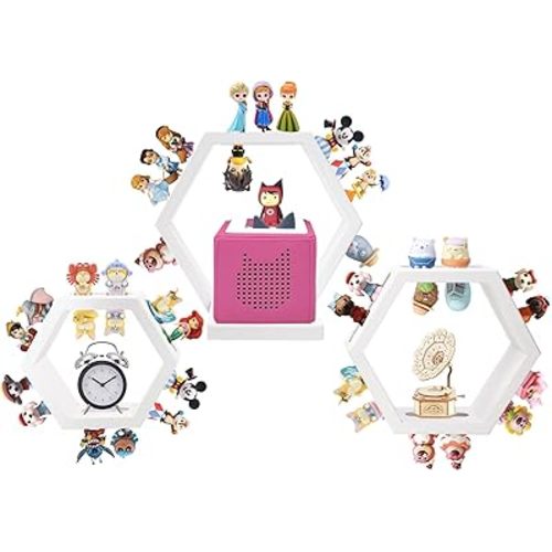 Tonie Shellf Hexagon for Toniebox Starter Tonie Shelf Wall Mounted Set of 3, Magnetic Wooden Floating Shelves Compatible with Tonie Box Player Tonie Figures Storage Tonie Shelvies(White)