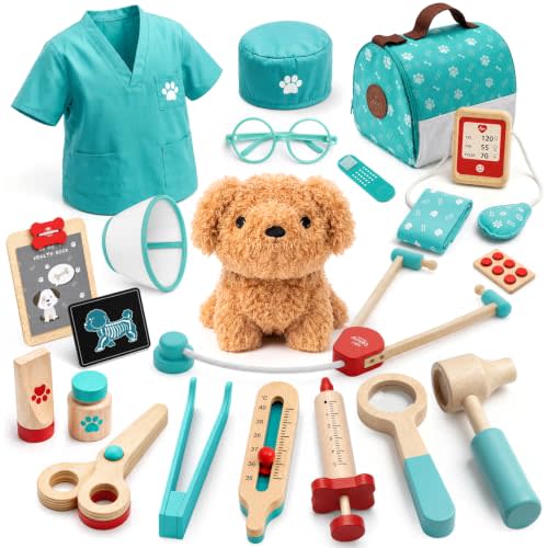 Lehoo Castle Wooden Doctor Kit for Toddlers 3-5, Vet Toys for Kids(Green) | Pretend Play Doctor Set with Puppy, Stethoscope & Dress Up Costume Medical Accessories, Montessori Toys for Boys Girls 3+