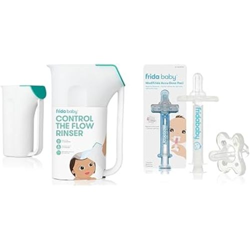 Frida Baby Control The Flow Polypropylene ABS Rinser, Bath Time Rinse Cup Removable Rain Shower + Frida Baby Medicine Pacifier, Accu-Dose Pacifier