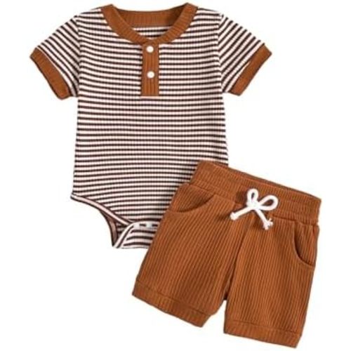 Baby Boy Outfits Ribbed Short Sleeve Striped Romper Top Solid Shorts with Pocket Baby Boy Summer Clothes 0-18M