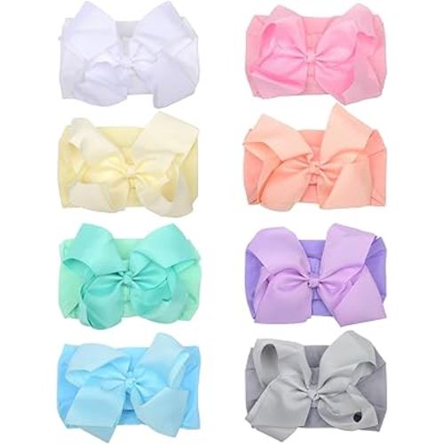 8 Pcs Baby Girls Headband Bows, Soft Nylon Hairbands Cute Big Bow Super Elastic Headband For Baby Girls Newborn Infant Toddlers (Girlish Heart, Large 6 Inch)
