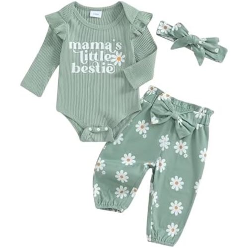 Infant Baby Girl Long Sleeve Mama's Little Bestie Letter Print Ribbed Romper Elastic Daisy Pants Headband Outfits