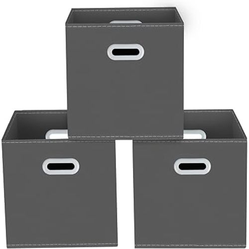 Yunkeeeper storage bins Cubes, Fabric Cube Organizer with Handle, Foldable Cube Bins for Cloth or Accessary Storage, 11x11x11, Set of 3,(Gray)
