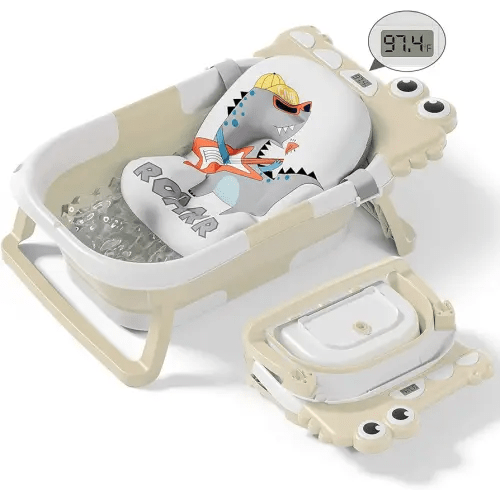Collapsible Baby Bathtub for Newborn, Foldable Baby Bath Tub with Thermometer & Soft Floating Cushion & Drain Hole, Portable Travel Infant Bath Tubs for Newborns to Toddlers 0-36 Months Boys, Beige