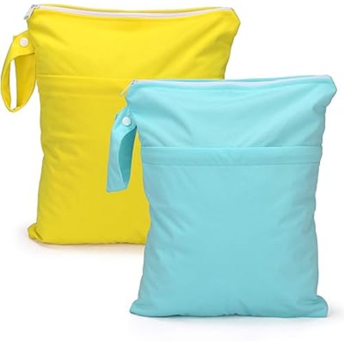 eaxin Waterproof Wet Dry Bags with Two Pockets 2-Pack Cloth Diaper Travel Organizer 11x14