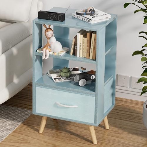 Night Stand, Blue Nightstand with Drawer, Side Table with Open Storage, 3-Tier Modern End Table, Bedside Table for Small Space, Living Room, Bedroom