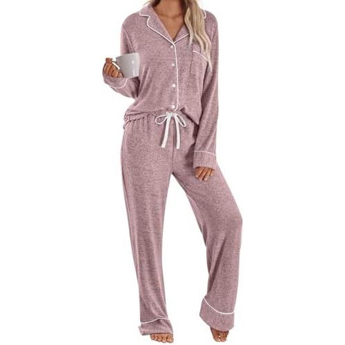 LILLUSORY Womens Pajamas Sets Long Sleeve Lounge Warm Sleepwear 2 pieces Fall Clothes With Pockets