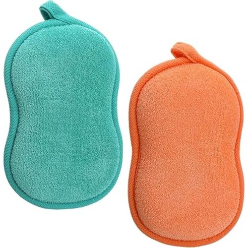 2 PCS Baby Bath Sponge Ultra Soft Kids Bath Sponges for Infants Toddler Baths Sponge Baby Sponges for Bathing Kids Babies Newborns Men Women All Skin Type (Green Orange)