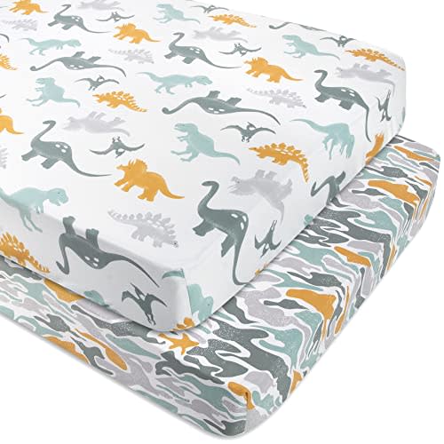 Standard Microfiber Fitted Crib Sheets for Baby Girl, Baby Boy, and Neutral, 2 Pack Crib Sheets Crib Essentials for Baby 28x52 Crib Sheets (Dinos & Camo)