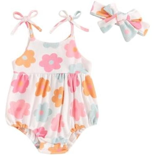 Summer Baby Girl Clothes Newborn Floral Bubble Romper Strap Sleeveless Jumpsuit Playsuit Headband Outfit