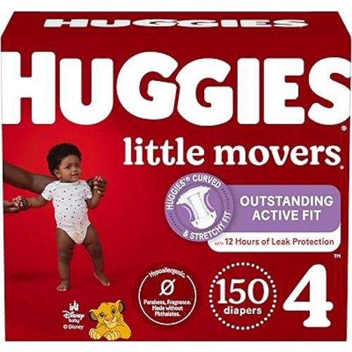 Huggies Size 4 Diapers, Little Movers Baby Diapers, Size 4 (22-37 lbs), 150 Count (6 Packs of 25), Packaging May Vary