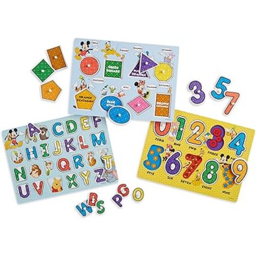 Melissa & Doug Disney Wooden Peg Puzzles Set: Letters, Numbers, and Shapes and Colors Letters And Number Puzzles, Disney, For Toddlers And Kids Ages 3+