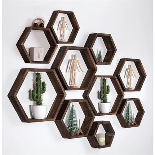 WONFUlity Hexagon Floating Shelves Honeycomb Shelves Wall Mounted Wood Farmhouse Storage Wall Shelf for Bathroom, Kitchen, Bedroom, Living Room,Driftwood Finish Decor,Dark Brwon