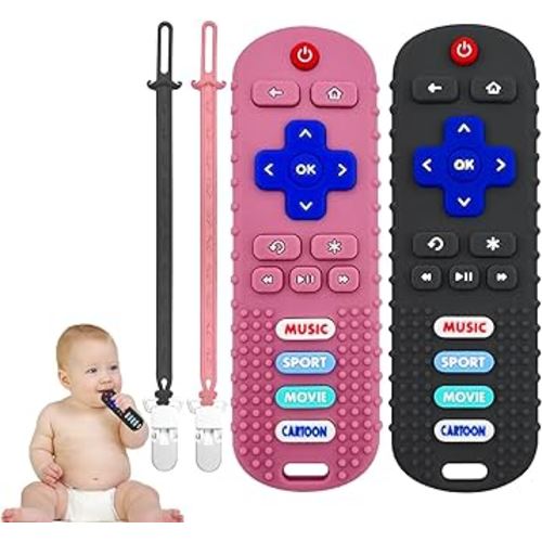 SOLIFEGOBLE 2 Pack Toy Remote for Baby,Silicone Remote Teether for Baby,Baby TV Remote Toy,Infant Chew Toys for Babies Chew Toys (Black + Pink)