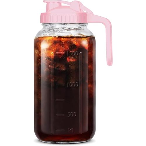 Mason Jar Pitcher, 64 OZ Breast Milk Pitcher Double Leak Proof with Pour Spout Handle, Wide Mouth Iced Tea Pitcher for Fridge, Creamer Container for Coffee, Sun Tea juice (Pink,1 Pack)