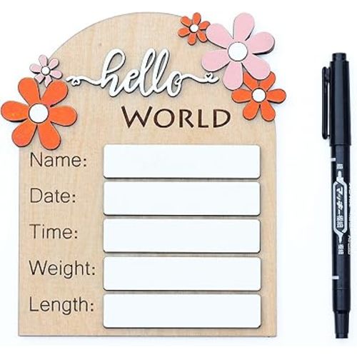 Baby Monthly Milestone Cards - Wooden Monthly Milestone Discs - Newborn Photography Props to Document Your Baby´s Growth - Baby Announcement Sign (Hello World Flower)