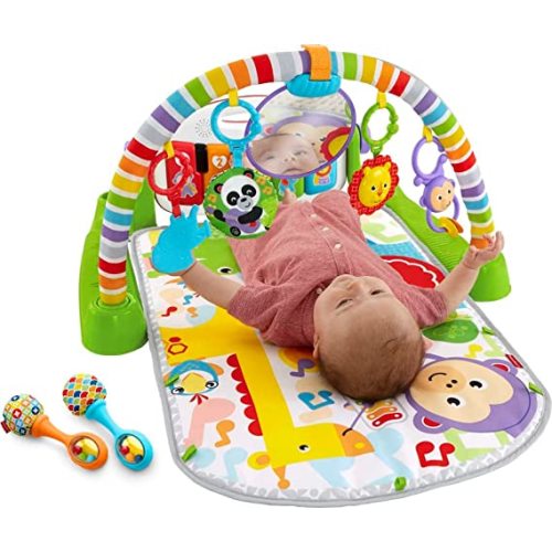 Fisher-Price Baby Playmat Deluxe Kick & Play Piano Gym Learning Toy & 2 Maracas Soft Rattles for Newborn to Toddler Play Ages 0+ Months - Green + Maracas