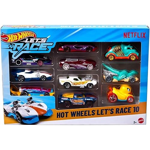Hot Wheels Toy Cars & Trucks, Let’s Race 10-Pack, Set of 10 1:64 Scale Vehicles from The Animated Netflix Show for Play or Display (Styles May Vary) (Amazon Exclusive)