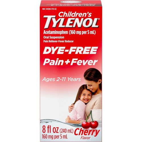 Children's Tylenol Liquid Pain Relief & Fever Medicine, Oral Suspension, Dye-Free, Acetaminophen, No Aspirin, No Ibuprofen, No High Fructose Corn Syrup; Cherry Flavor, 8 fl. oz.; Pack of 1