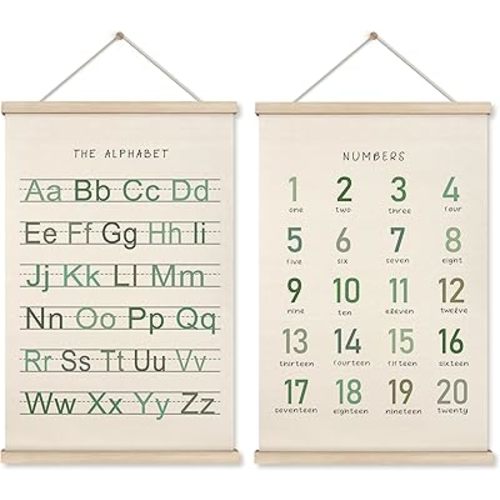 HRQKO Alphabet Numbers Poster Hanger Frame Set of 2, Nursery Wall Decor, Boho ABC Poster Wall Art with Wooden Frames, Sage Green Alphabet Banner Wall Hanging Decor for Toddler Playroom, 16x24 inch