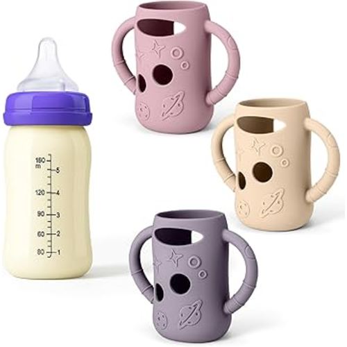 Mity rain 3 Pack Silicone Sleeves for Lansinoh Glass Bottles 5 OZ - Anti Breakage Baby Bottle Holder, Compatible with Lansinoh Glass Bottles for Babies with Handle