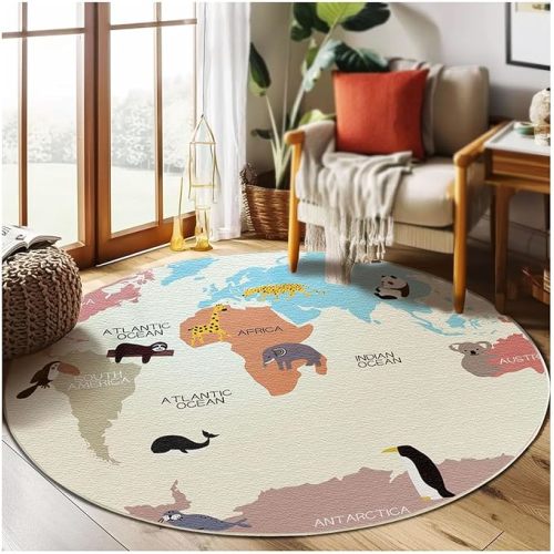Around The World Map Play Area Round Rug 3.9Ft Non-Slip Area Rug Game Floor Mat for Bedroom Living Room Classroom Entryway Home Decor (Beige, 120cm/47in)