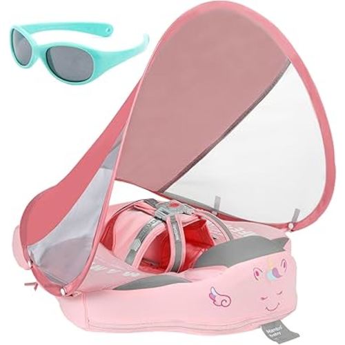 Mambobaby Float with Canopy and Tail New Upgraded Non-Inflatable Baby Pool Float Mambo Float Swim Trainer Solid Infant Swim Float Adjustable Pearl Foam Baby Swim Ring