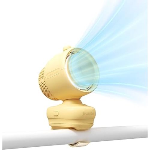 JISULIFE Chic Stroller Fan 2026-Baby Cool Helper: Smart 120° Auto Oscillation with 100 Speeds, 21H Super-Long Battery, Portable Baby Fan for Crib, Stroller & Bedroom, Gift for Moms-Yellow(Clip)