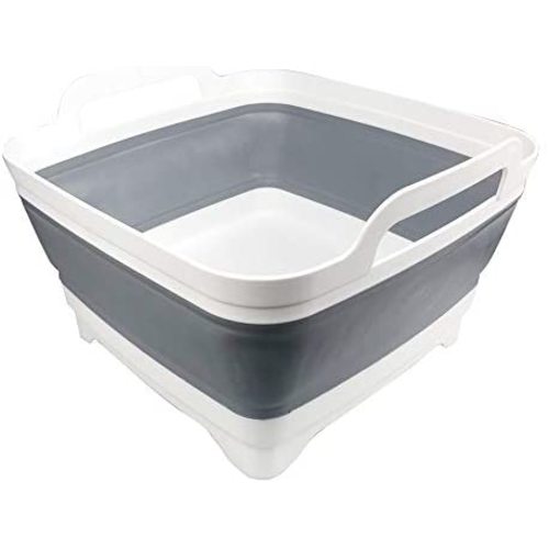 Dish Basin Collapsible with Drain Plug Carry Handles for 9L Large Capacity, Washing Basin, Collapsible Dish Tub for RV Sink, Vegetable, Fruit, Food Sink Strainer Dish Washing Tub - Gray