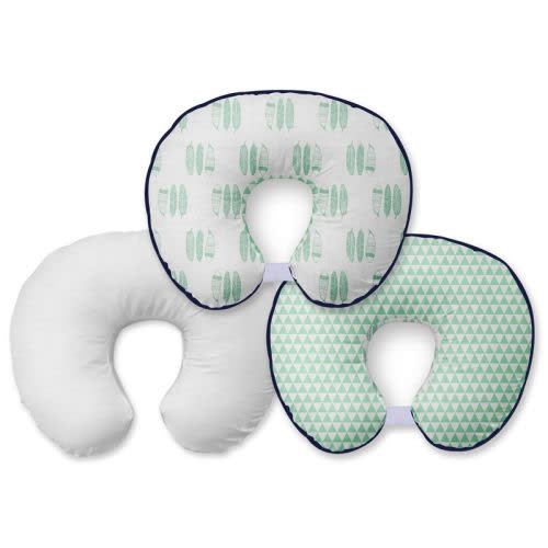 Bacati - 3 Pc Noah Tribal Mint/navy Feathers/triangles Muslin Hugster Feeding & Infant Support Nursing Pillow With 2 Removable Zippered Covers
