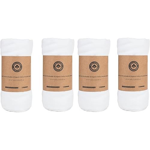 Organic Cotton White Swaddle Blankets - 4 Piece Set of Organic Gauze Muslin Swaddle Blankets - Breathable and Multi-Purpose Cotton Blanket for Newborn and Infants - 47"x47" (White - 4 Swaddles)
