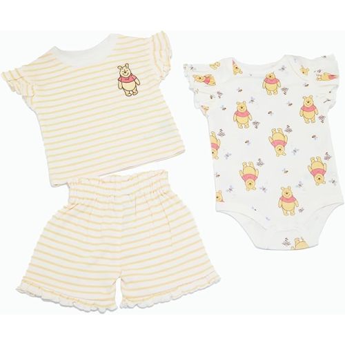 Magic Threadz Disney Clothes Baby Girls 3-Piece Short Set – Marie, Pooh, Minnie, Stitch & Bambi Newborn Outfit Set (0M–24M)