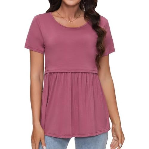 Sosolism Cute Nursing Shirt Summer Short Sleeve Breastfeeding Tshirt Flowy Pumping Tops for Postpartum Women