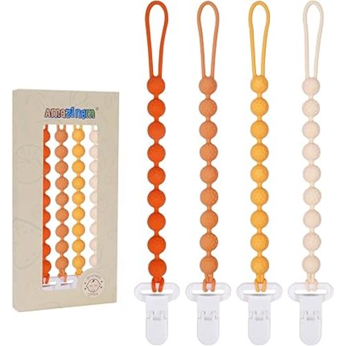 One Piece Design Silicone Pacifier Clip Holder,Pack of 4 Flexible Paci Leash,Binky Clips with Textures for Baby Boys and Girls,Newborn Essential (Yellow)