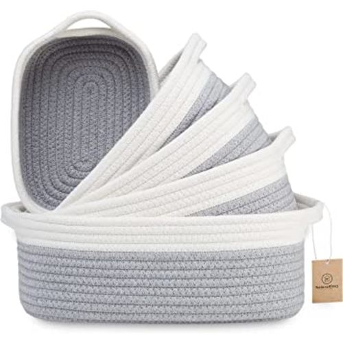 NaturalCozy 5-Piece Rectangle Storage Basket Set- Natural Cotton Rope Woven Baskets for Organizing! Small Basket for Montessori, Baby Nursery, Dog Toy Baskets, Cat Toy Box, Bathroom Organization Bin