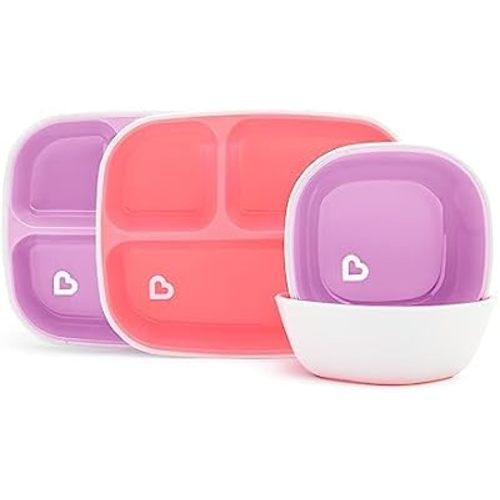 Munchkin® Splash™ 4 Piece Toddler Divided Plate and Bowl Dining Set, Pink/Purple & ® Snack Catcher® Toddler Snack Cups, 2 Pack, Pink/Purple