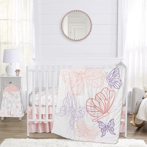 Sweet Jojo Designs Shabby Chic Butterfly Girl Baby Crib Bedding Set Infant Nursery Room Blanket Fitted Sheet Skirt Diaper Stacker 4p Blush Pink Lavender Purple White Pastel Lilac Watercolor Pattern