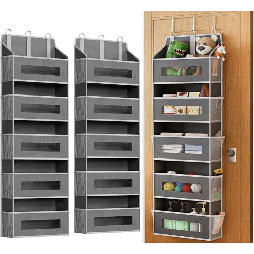 2 Pack 5 Tier Over The Door Organizer - Large Capacity Behind Door Hanging Shelves with 10 Mesh Pockets and Clear Windows, Closet Organizers and Storage for Bathroom, Bedroom, Nursery, Grey