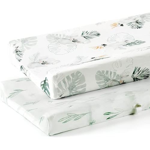 GRSSDER Stretch Ultra Soft Jersey Knit Changing Pad Cover Set 2 Pack, Change Table Pad Covers Fit 32"/34" x 16" Pads Safe and Snug, Stylish Watercolor Animals for Baby, Mint Green
