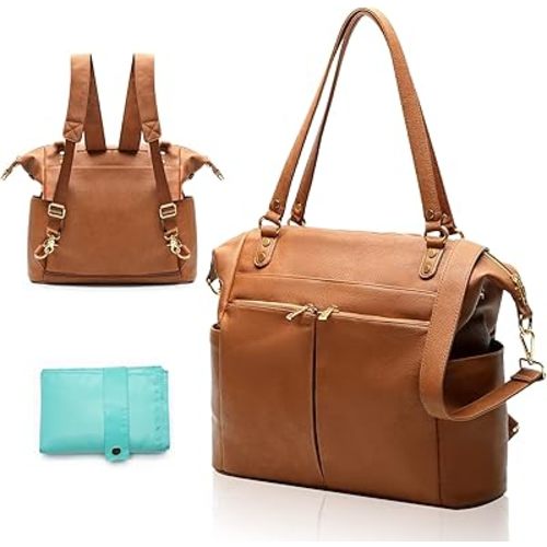 MOMINSIDE Diaper Bag Tote, Leather Diaper Bag Backpack with 14 Pockets, Convertible Baby Bag for Boys Girls, Baby Registry, Changing Pad, 4 Large Insulated Pockets(Brown)