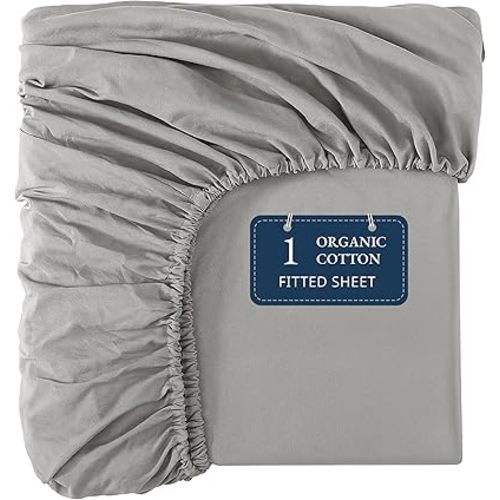 Lane Linen 100% Organic Cotton Twin Size Fitted Sheet Only (39"x75") - Super Soft 100% Cotton Twin Fitted Sheet - Lightweight & Durable Cotton Bed Sheet - Silver