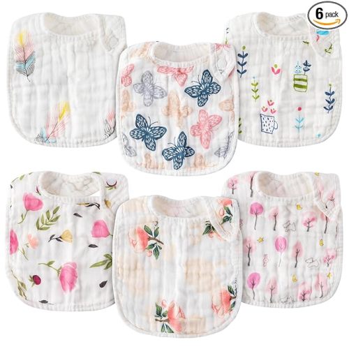 6Pcs Snap Muslin Cotton Baby Bibs Spring Butterflies Flowers Bib with 6 Absorbent Soft Layers Adjustable Burp Cloths for Infant Girl Boy Toddler Drooling Eating Teething Feeding 0 to 24 Months