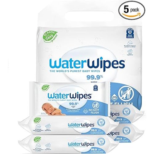 WaterWipes Plastic-Free Original Baby Wipes, 99.9% Water Based Wipes, Unscented & Hypoallergenic for Sensitive Skin, 300 Count (5 packs) - 60 Count (Pack of 5)