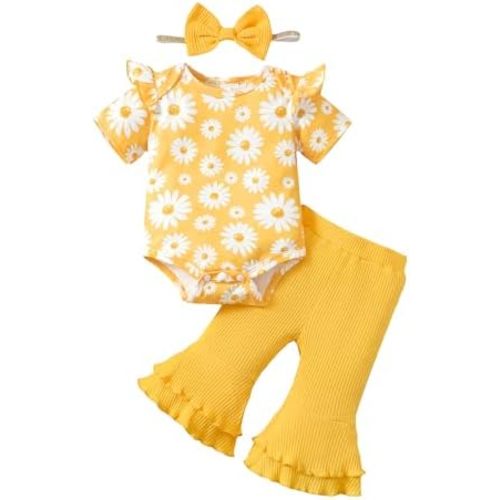 SUNNY PIGGY Baby Girl Clothes Ruffle Short Sleeve Romper Long Pants Set with Headband Newborn Infant Outfits